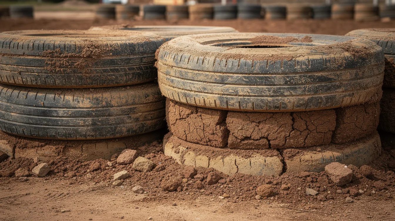 91ba2164bb914b27b0199b048fd566d3 A close up view of a thick earth rammed tire wall under construction showcases packed soil visible inside each used tire illustrating the innovative use of recycled materials in building an Earthship home This eco friendly construction method popularized by Michael Reynolds emphasizes sustainability and energy efficiency in upstate New York