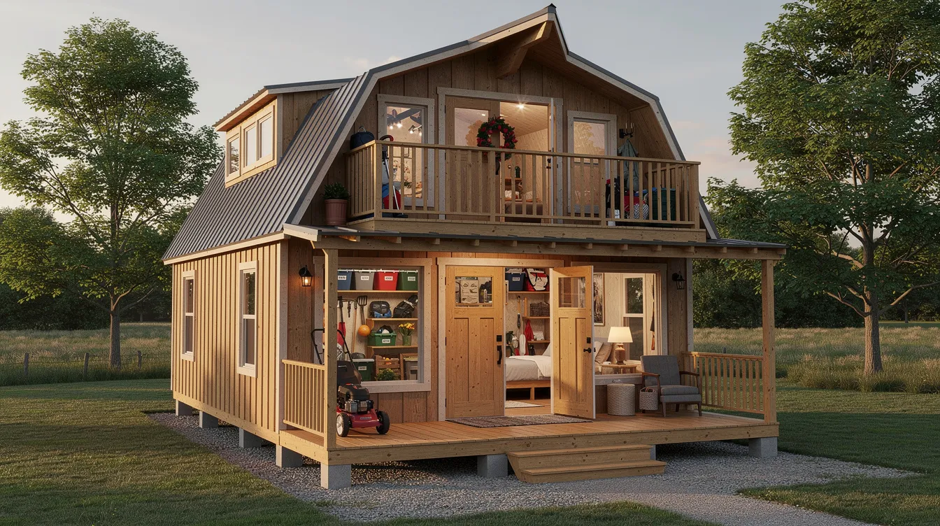 9202985185f64b27a1fa88534508d7d4 The image depicts a lofted storage cabin featuring a wraparound porch with a spacious interior that includes a mezzanine for additional storage This barn cabin design combines functionality with outdoor living space making it an ideal choice for those needing extra room for equipment and seasonal items