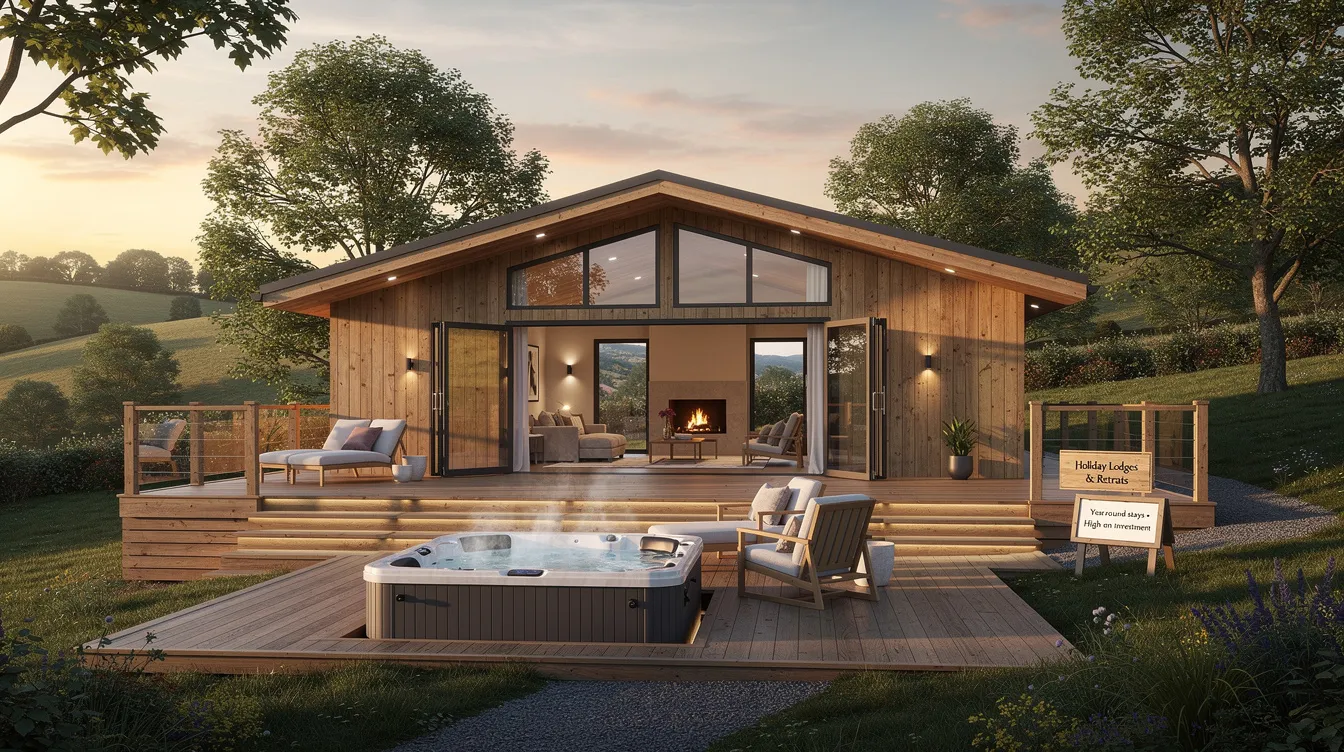 938bee2f57044b6ea3aa7f890c56dabb The image showcases a stunning bespoke log cabin designed for holiday retreats featuring large panoramic windows that invite natural light and views of the surrounding garden With its timber walls spacious decking and a hot tub this luxurious accommodation emphasizes comfort and leisure making it an ideal getaway for families and friends