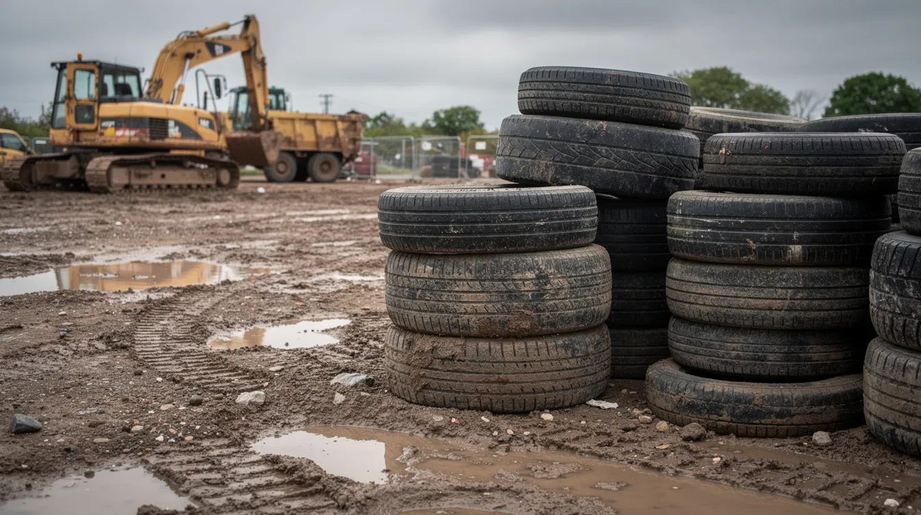 953dee5dac614c878219f43b6152f315 The image shows a stack of old automobile tires placed in a muddy field with construction equipment nearby highlighting the use of recycled materials in sustainable architecture This scene may represent an earthship construction project where tires are utilized as part of the building process to create energy efficient and eco friendly homes