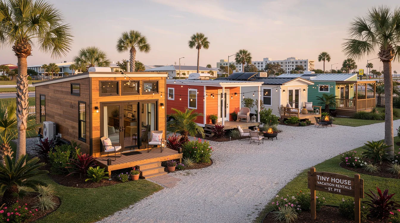95d377626adc44ba842115f64ceac80c The image showcases a charming tiny house vacation rental in St Pete surrounded by lush greenery inviting guests to explore affordable housing options in the area This cozy home is part of a tiny house community in Pinellas County perfect for families and individuals seeking a unique getaway in Florida