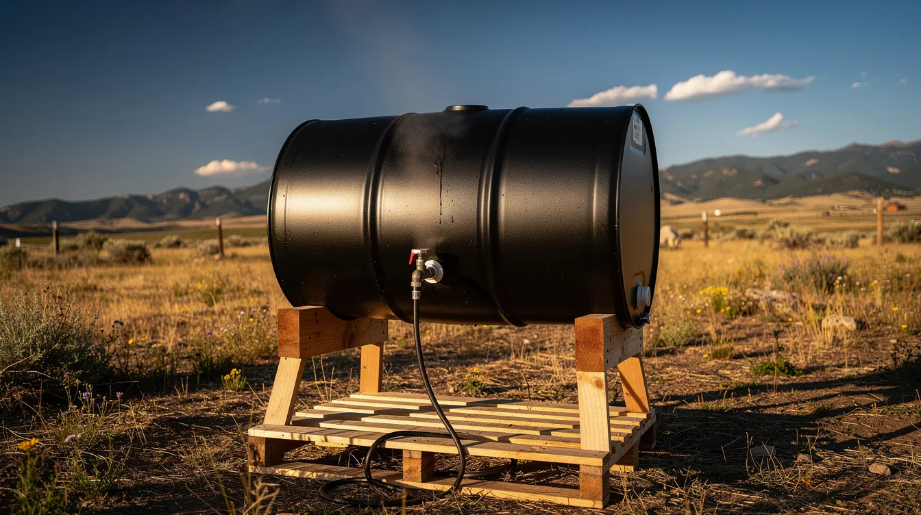 9640d14360ae428587bd944366dfe32a The image features a black painted barrel on a raised stand designed to heat water for an outdoor shower reaching temperatures of 100110°F on sunny days This setup exemplifies an off grid solution for enjoying hot showers during summer evenings providing a convenient and enjoyable way to refresh after a day of outdoor activities