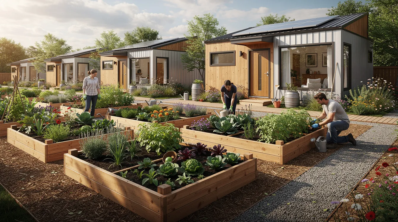 The image shows a vibrant community garden with raised beds filled with various plants while in the background there are small sustainable homes representing tiny house living This scene highlights the connection between nature and tiny home communities promoting a sense of community and sustainable living in Connecticut