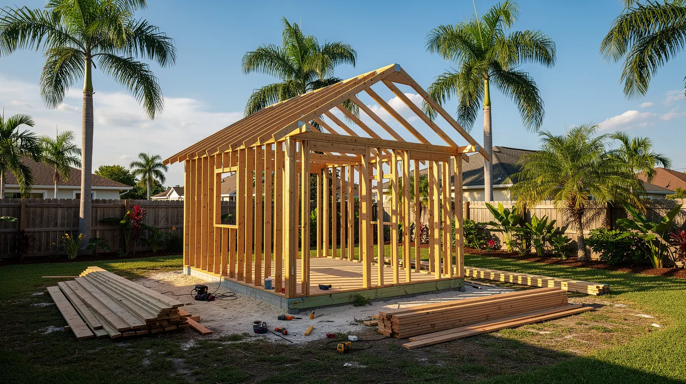 97d894675af344d9a41b756e98b9591d A framed tiny house structure is under construction in a Florida backyard surrounded by palm trees showcasing the building process of a cozy tiny home This scene reflects the tiny house movement emphasizing affordable housing options in sunny Florida
