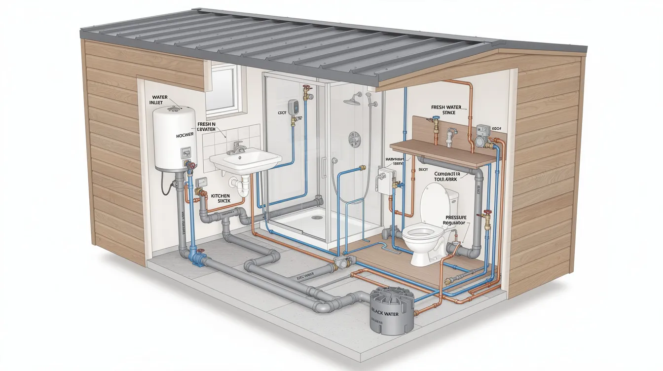 9805ee8f28fd4908acc1116e7e2194a5 The image illustrates the plumbing system of a tiny house showcasing various components such as pipes a water heater and a composting toilet It highlights the unique challenges of tiny house living including efficient water usage and the costs associated with installing plumbing systems in compact spaces
