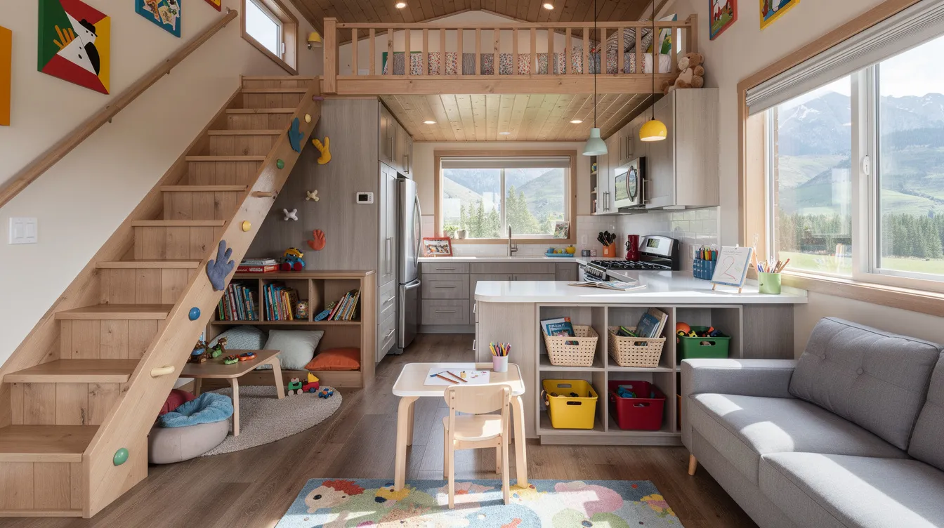 9815f20961e44df58f7ebdd42318c835 The image showcases a cozy tiny house designed for families featuring dedicated play nooks under the stairs child height storage cubbies and rounded edges on countertops for safety This 460 square foot space emphasizes clever storage solutions and functional areas that encourage independent play and learning for kids while maintaining a comfortable living area for the whole family