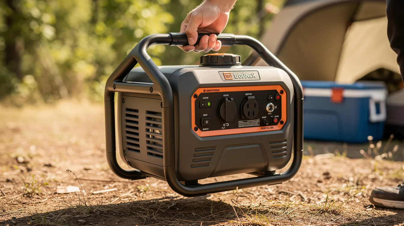 9984e41b31d8487da67addcc3ace292f A person is carrying a compact portable generator by its handle through an outdoor setting showcasing its lightweight design and mobility This inverter generator is ideal for providing power during camping trips or in emergency situations ensuring quiet operation and efficiency while powering sensitive electronics