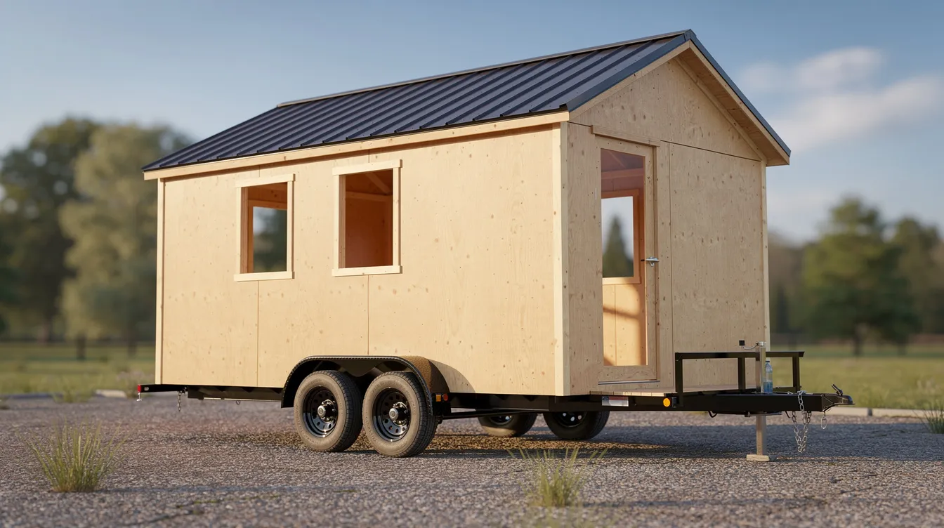 99aaa80cb4524fa183af8549e5927aba The image shows a tiny house shell on a trailer featuring a basic frame and exterior siding ready for customization This tiny home is designed for easy transport highlighting the fun part of planning and building your own unique living space