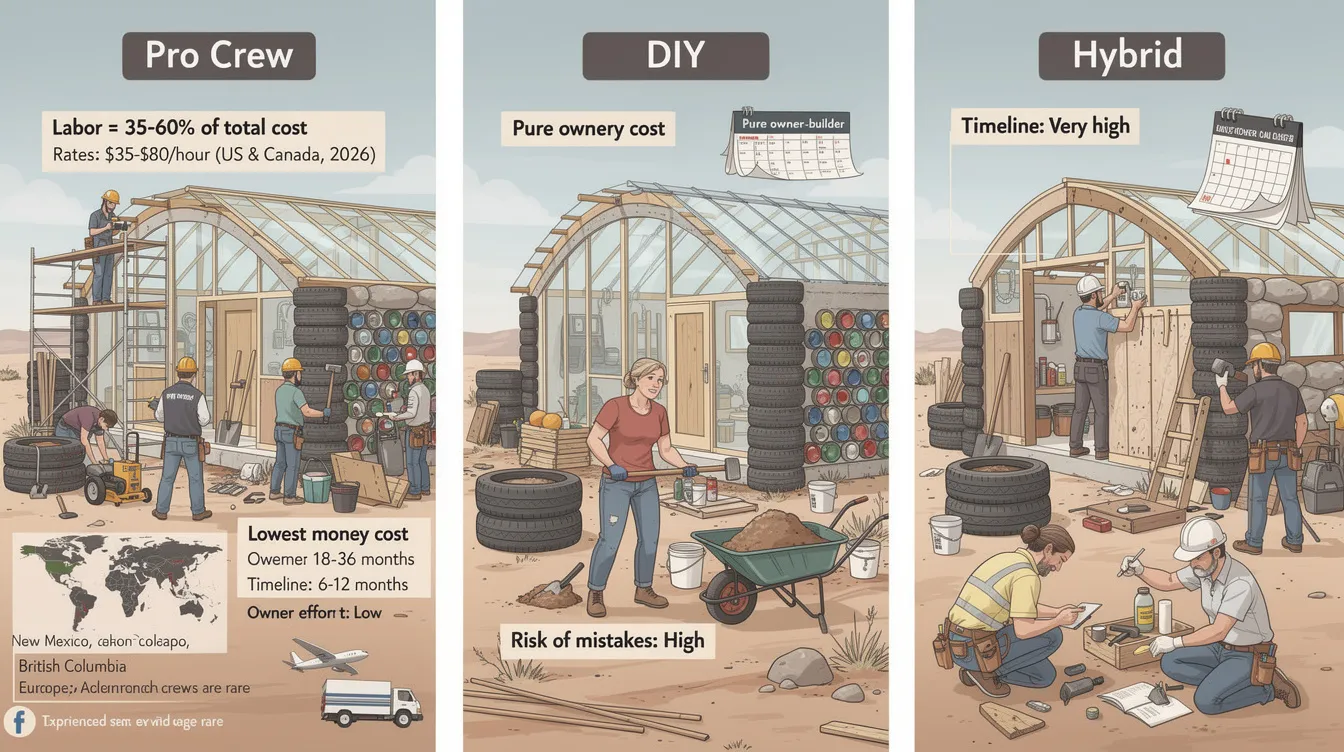 9affd62e99b545b180bab8896ab2b12a The image illustrates the various labor costs and build strategies for constructing Earthships highlighting three approaches fully professional pure owner builder and hybrid model It emphasizes the importance of labor in Earthship construction costs which can range from 3560 of the total and showcases the potential savings and challenges associated with DIY methods and the use of natural and recycled materials
