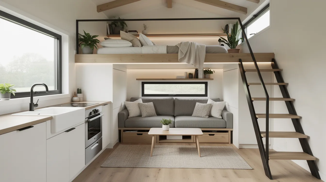 9b2b7dccca2e44b0924e0a3dd91d901e The image depicts the interior of a compact modern tiny home featuring an open kitchen and living area with a cozy loft above This inviting space reflects the charm of the majestic hills tiny home community perfect for residents seeking a simplified life near Lake Conroe Texas