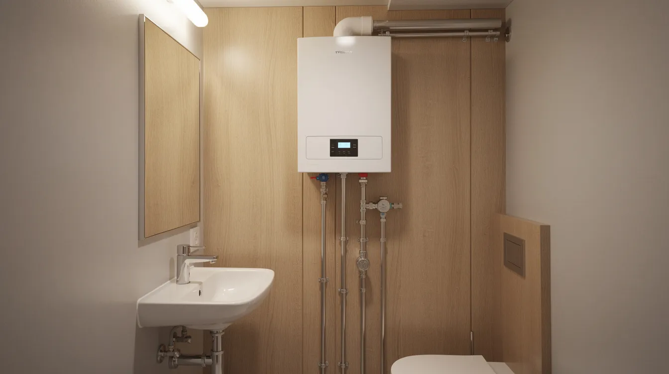 9b8565fca9764cb3839793aa8e2ef5e0 A small tankless water heater unit is mounted on a wooden wall inside a compact bathroom showcasing an efficient solution for tiny house living This space saving appliance highlights the importance of energy efficiency and effective plumbing in tiny homes