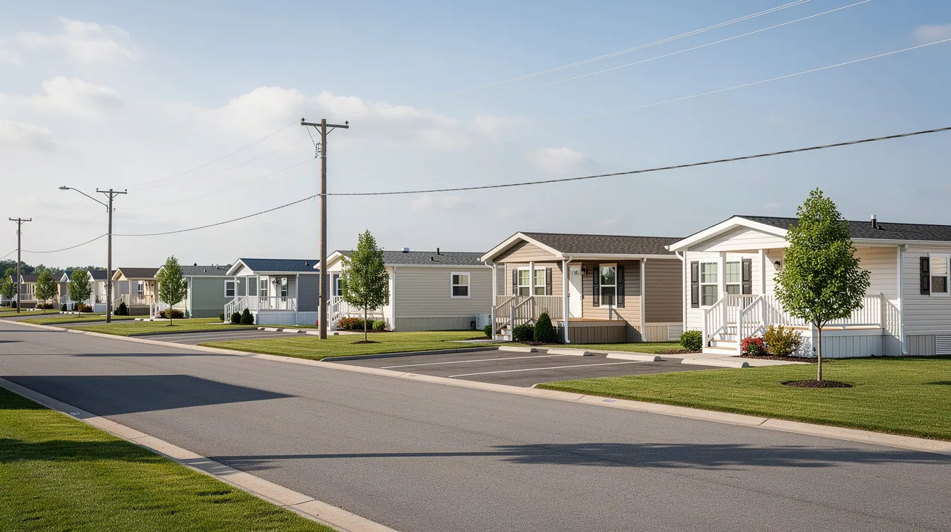9dd702bf4e5d4382b911d62eaa3e1f3f The image depicts a row of well maintained mobile homes in a mobile home park surrounded by lush green landscaping and utility poles This scene reflects the organized layout typical of manufactured housing communities where park management ensures residents have access to essential utility services like electricity and water