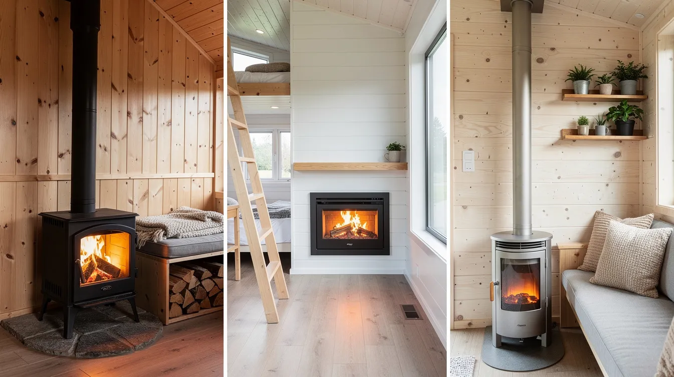 9e0f20582e6d49e294b4e13e5e362837 The image showcases a cozy tiny home featuring a stylish wood burning stove providing warmth and comfort in a small space This unique fireplace design highlights the perfect blend of functionality and aesthetics making it an ideal heating option for tiny houses