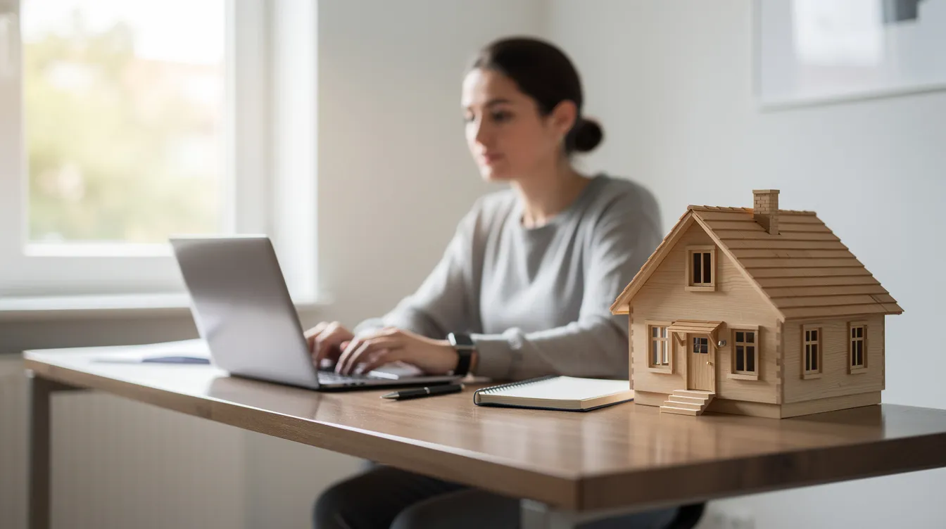 9ee5908d7594436290030906367a54b4 A person is seated at a desk focused on a laptop with a small wooden model of a tiny house beside the screen Natural light streams in from a window illuminating the workspace and creating a warm atmosphere for exploring tiny home plans and designs
