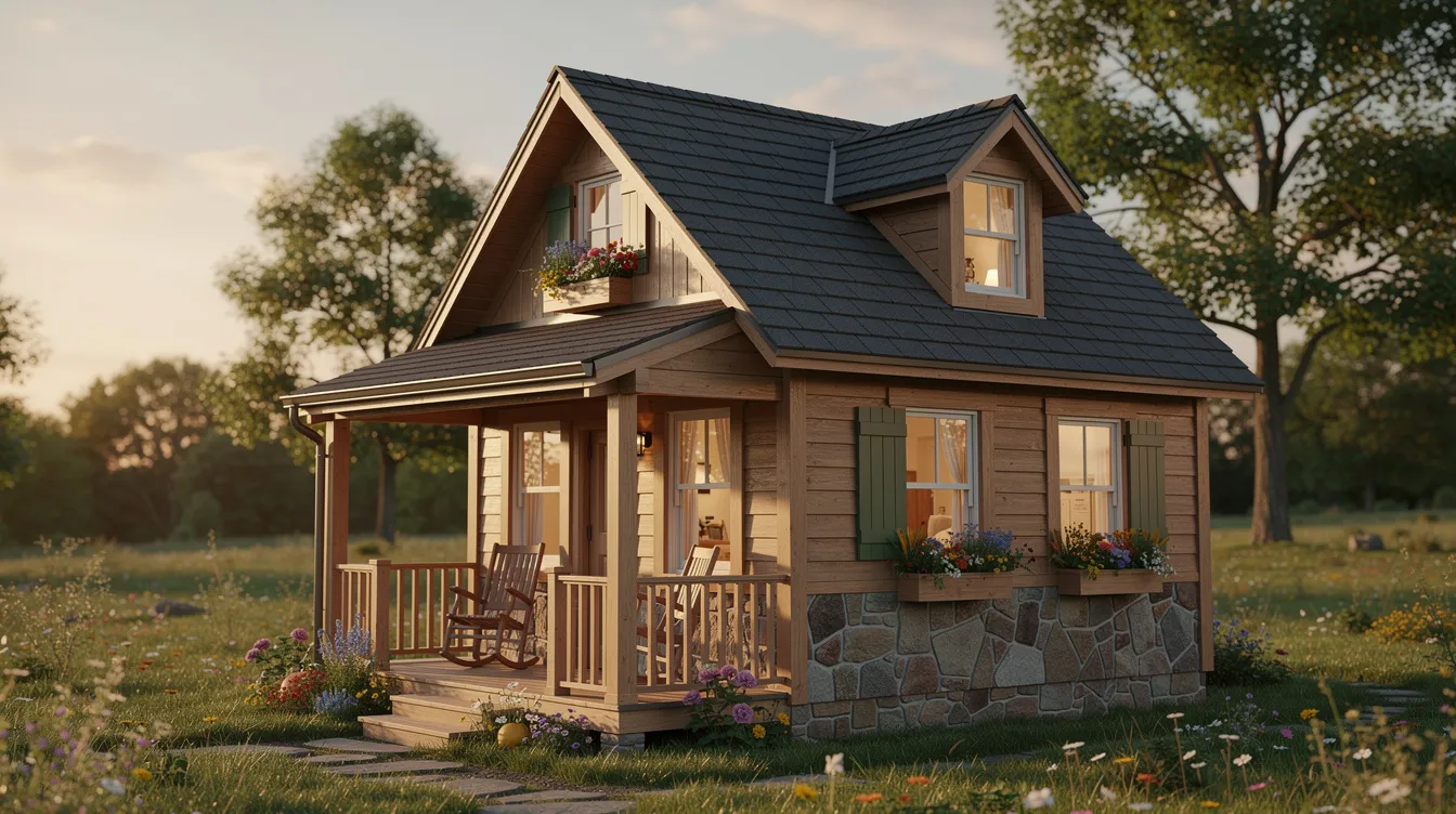 9f3cd5641609476f9dc30361ab24e57d The image depicts a charming country cottage designed as a tiny house plan featuring a steep roof small dormers and cozy covered porches that enhance its appeal With a compact layout of 430 square feet this one bedroom one bath retreat offers a perfect relaxing space for individuals or couples showcasing the delightful characteristics of modern farmhouse style
