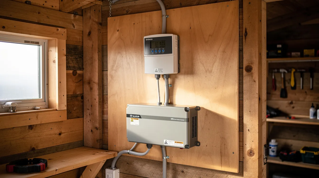 9fa9d5f554a3418a9cfa0f8f2aaedafb The image depicts a battery bank and solar charge controller installed inside a cozy wooden off grid cabin showcasing a sustainable living solution This setup highlights the use of renewable energy for powering electrical appliances emphasizing the benefits of energy efficiency and reduced reliance on the electrical grid