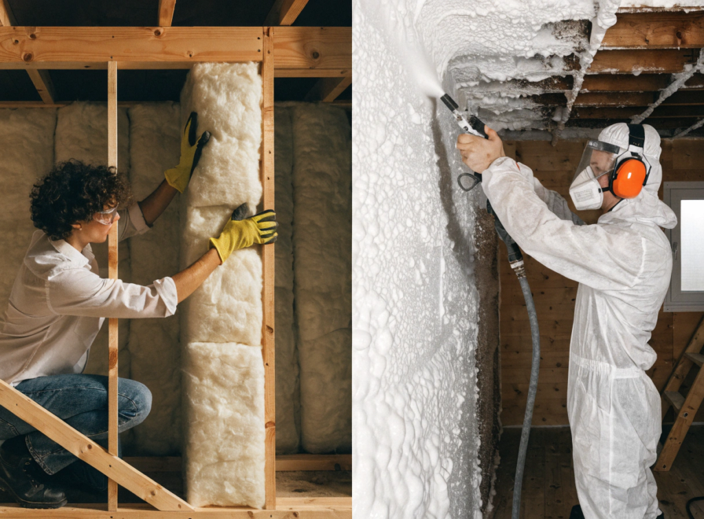 A person installing fiberglass Two panels show insulation work left panel with a worker placing fiberglass batt into wooden studs right panel with a technician spraying foam insulation from a nozzle while wearing PPE