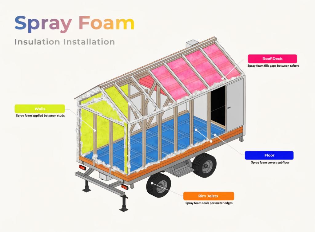 Best places to use spray foam Crosssection of a trailer showing sprayed insulation yellow walls pink roof deck blue subfloor orange rim joists entry door at right Label callouts explain foam for walls roof deck floor and rim joists