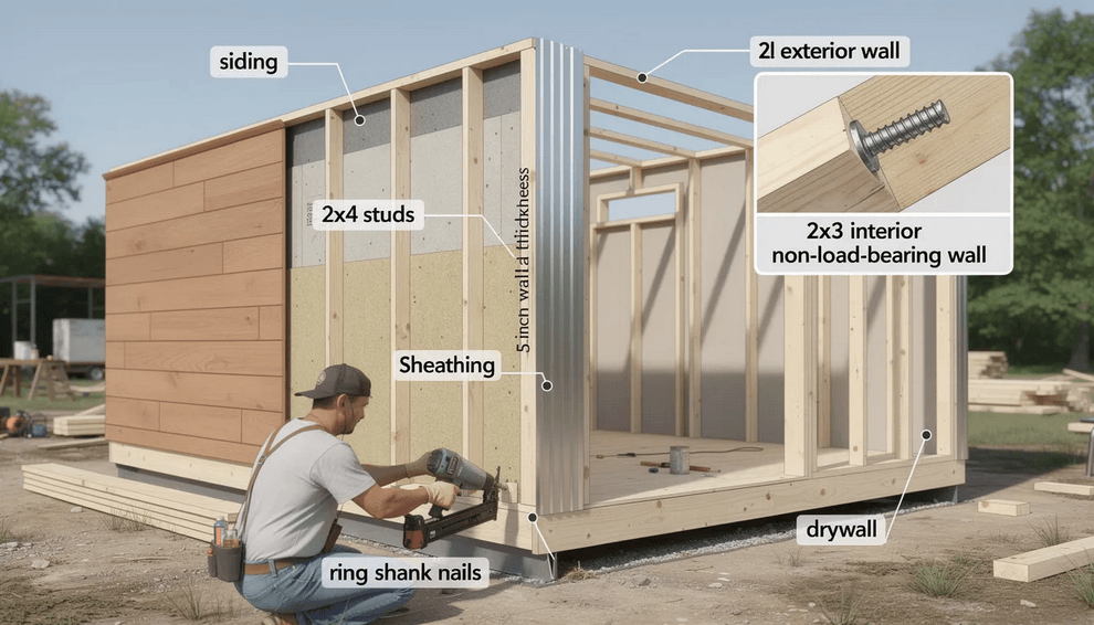 Constructionoftinywall The image depicts the construction of tiny house walls showcasing the typical wall thickness of about 5 inches which includes exterior siding insulation and interior finishes It highlights the use of wood studs for framing emphasizing the importance of quality materials and construction techniques in building efficient and comfortable tiny homes