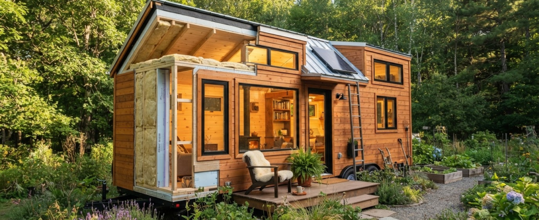 Cozy wooded tiny house Wood clad tiny house on wheels in a lush garden warm interior lit through large windows on the front