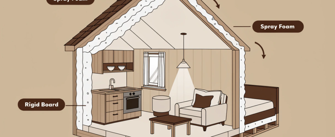 Cutaway insulation view Cross section diagram of a house showing insulation spray foam on roof and walls wall and floor insulation rigid board exterior