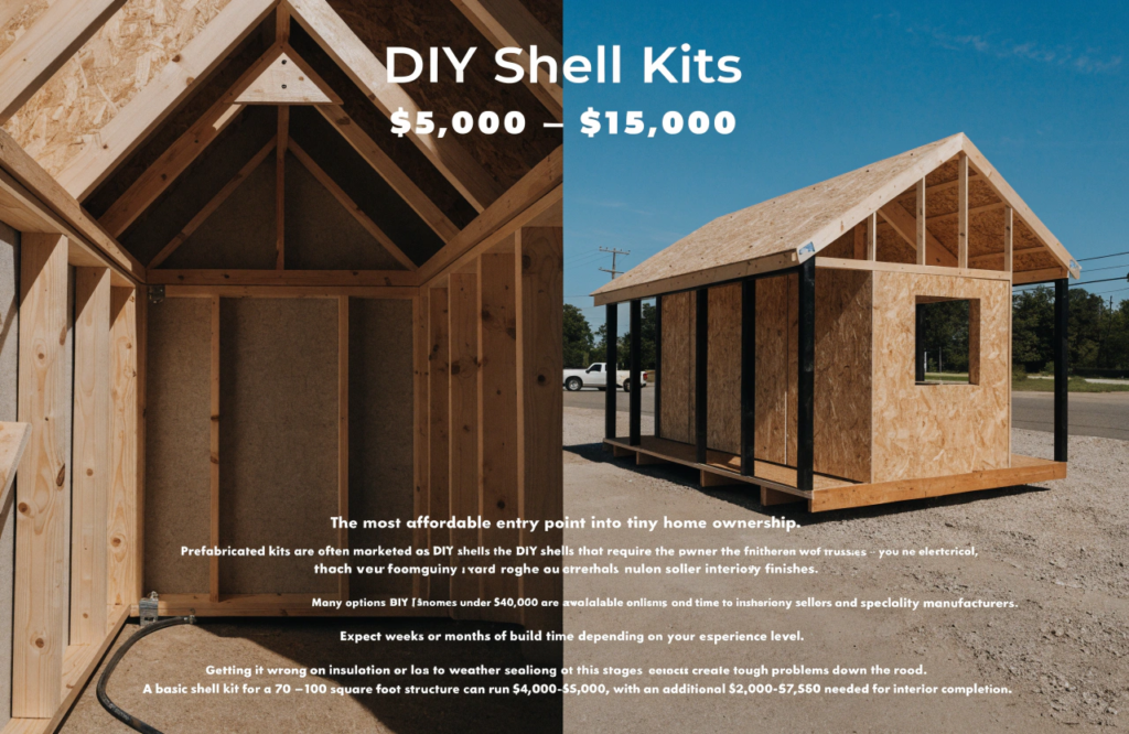 Diy shell kits The image showcases various DIY shell kits for tiny homes highlighting their compact design and features These small homes are perfect for those searching for affordable living options with options available for upgrades and customization