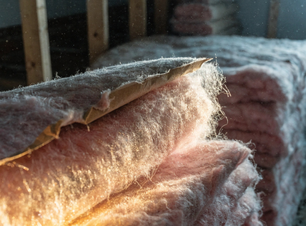 Fiberglass batts Pink fiberglass insulation batts covered in frost on a construction site showing a wooden frame in the background