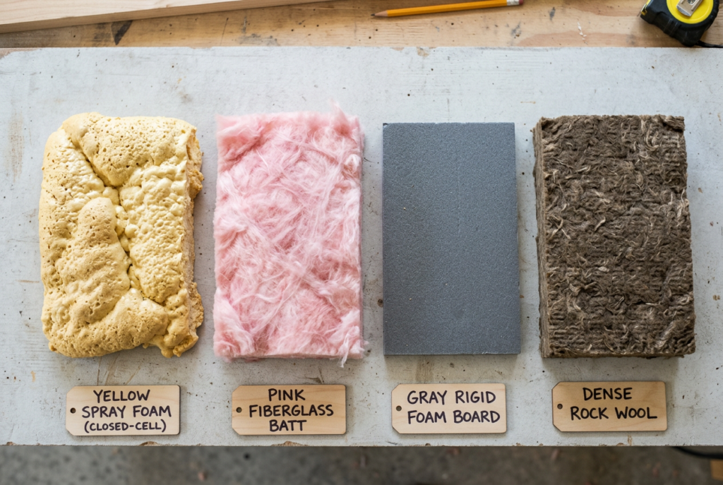 Insualtion materials Top down flat lay of four common tiny house insulation materials laid out side by side on a clean light gray workbench yellow closed cell spray foam sample pink fiberglass batt gray rigid foam board and dense brown rock wool Each material is neatly separated with a small wooden label tag underneath