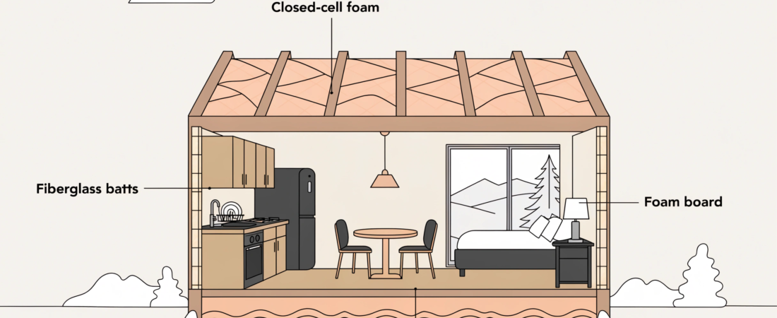 Insulated tiny home Cross section of a house showing different insulation closed cell foam on the roof fiberglass batt insulation in walls foam board and an insulated floor slab beneath