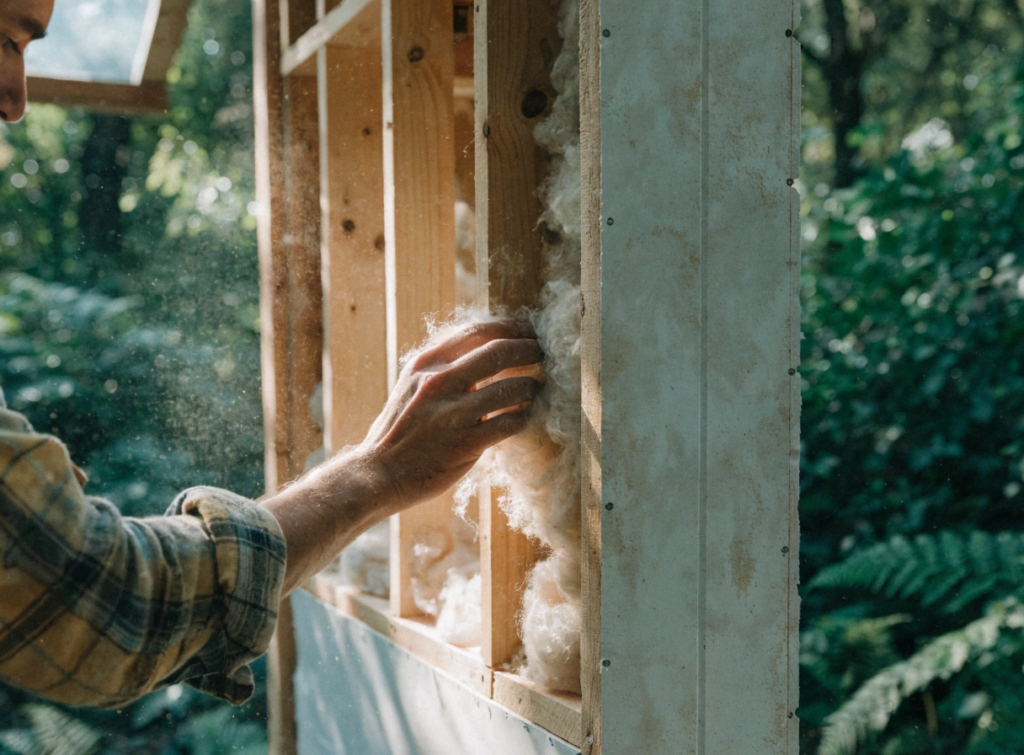 Insulation Worker wearing a plaid shirt presses fluffy insulation into a wooden stud wall during construction outdoors