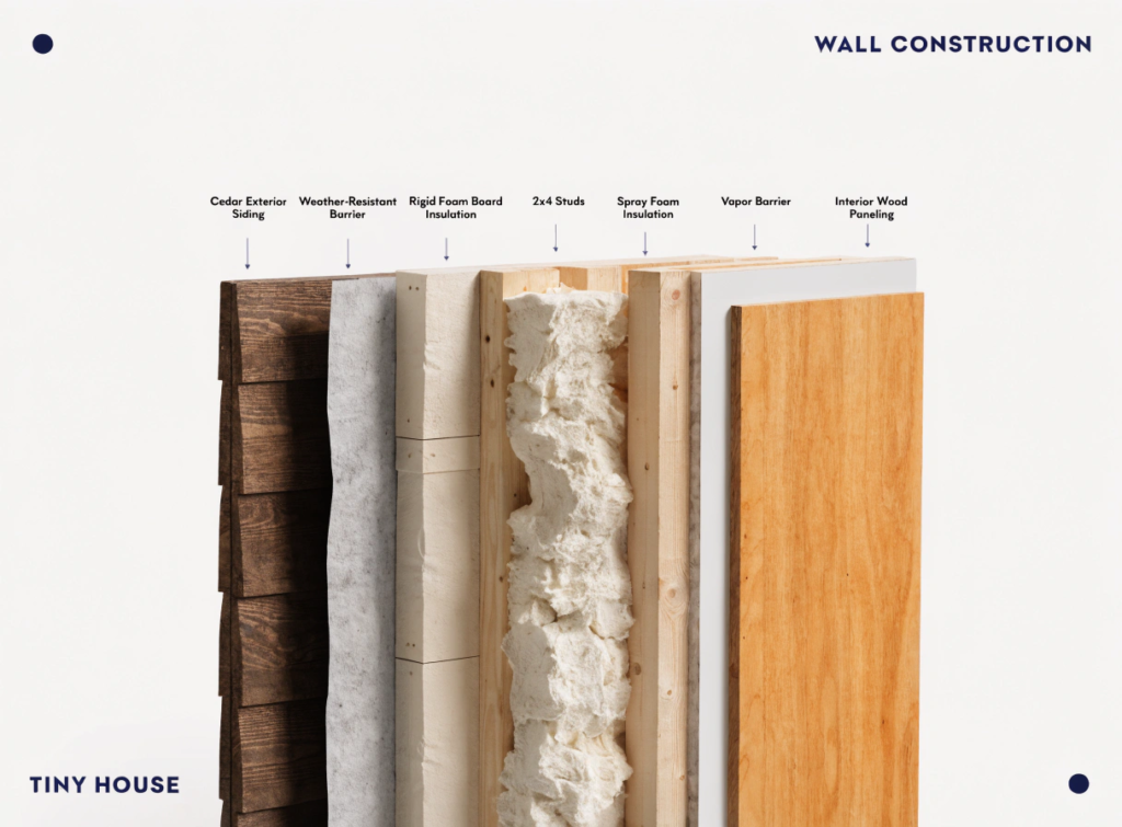 Insulation material Cutaway cross section of a tiny house wall showing each layer clearly from outside to inside cedar exterior siding weather resistant barrier rigid foam board wooden 2x4 studs spray foam insulation filling the cavity vapor barrier and interior wood paneling