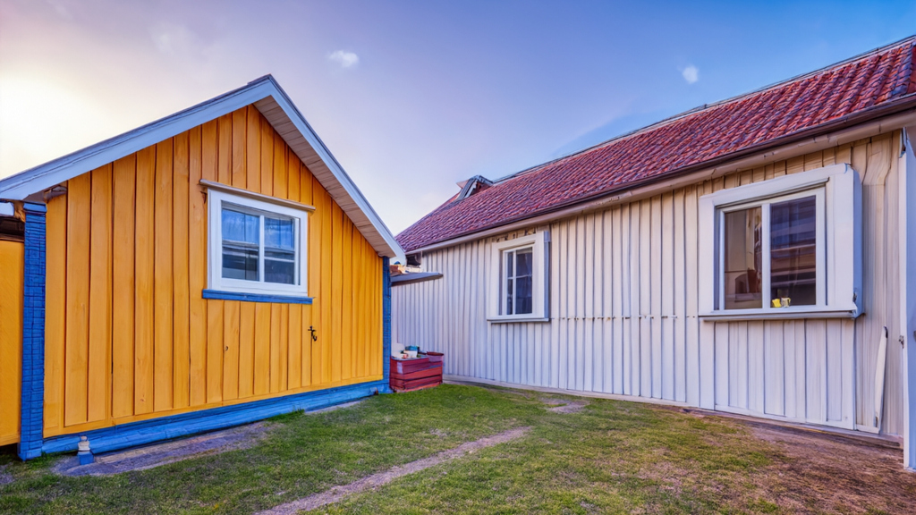 Introductiontotinyhouses1 Two colorful houses meet in a small yard orange cottage with blue trim on the left and a white house with a red roof on the right