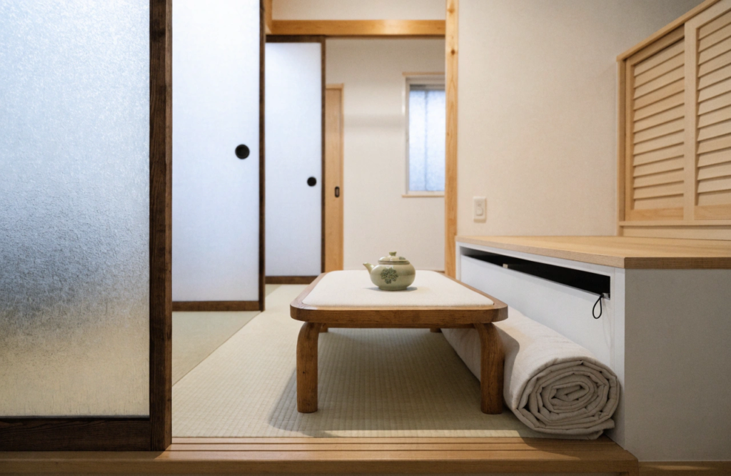 Japanese style apartment A tidy Japanese style micro apartment where one room does several jobs Show a low table on a tatami style floor a rolled up futon tucked neatly against the wall and clever hidden storage built into a step or platform Sliding paper style doors sit partly open Soft even lighting and a very clean uncluttered look Include one small detail a teapot or a folded blanket to keep it human and warm Emphasize how the space shifts from sleeping to living use