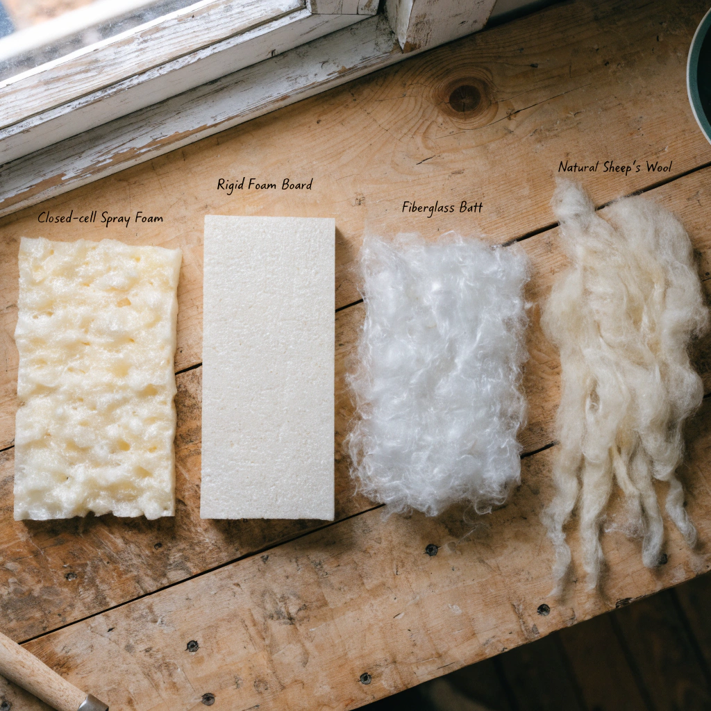 Material Samples of insulation materials on a wooden workbench closed cell spray foam rigid foam board fiberglass batt and natural sheep's wool.