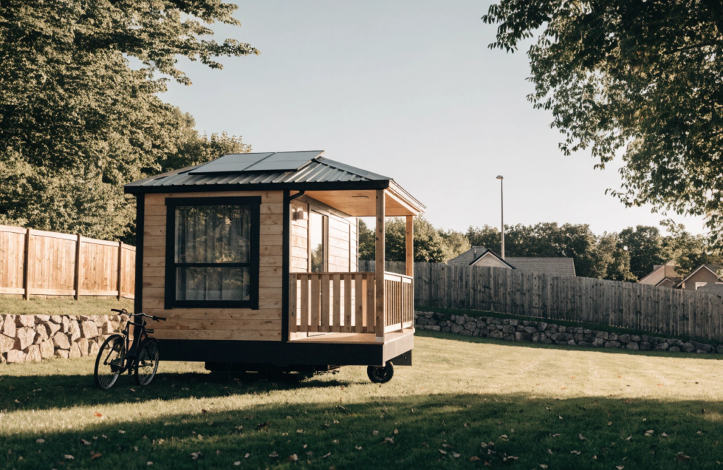 Modern tiny home wheels A modern tiny home on wheels parked in a leafy suburban backyard in the US or Canada The home has clean lines large windows a small porch and a metal roof with a solar panel or two Green trees frame the background and a bicycle leans against the side Late afternoon sun gives the scene a warm glow Show the compact footprint clearly with the home looking cozy and well kept not cramped