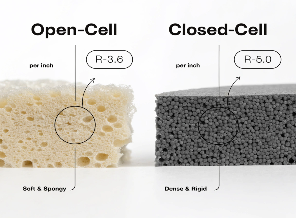 Open cell Comparison of open cell and closed cell foams left is porous soft and spongy with larger cells right is dense rigid with compact beads R values per inch are 36 and 50 respectively