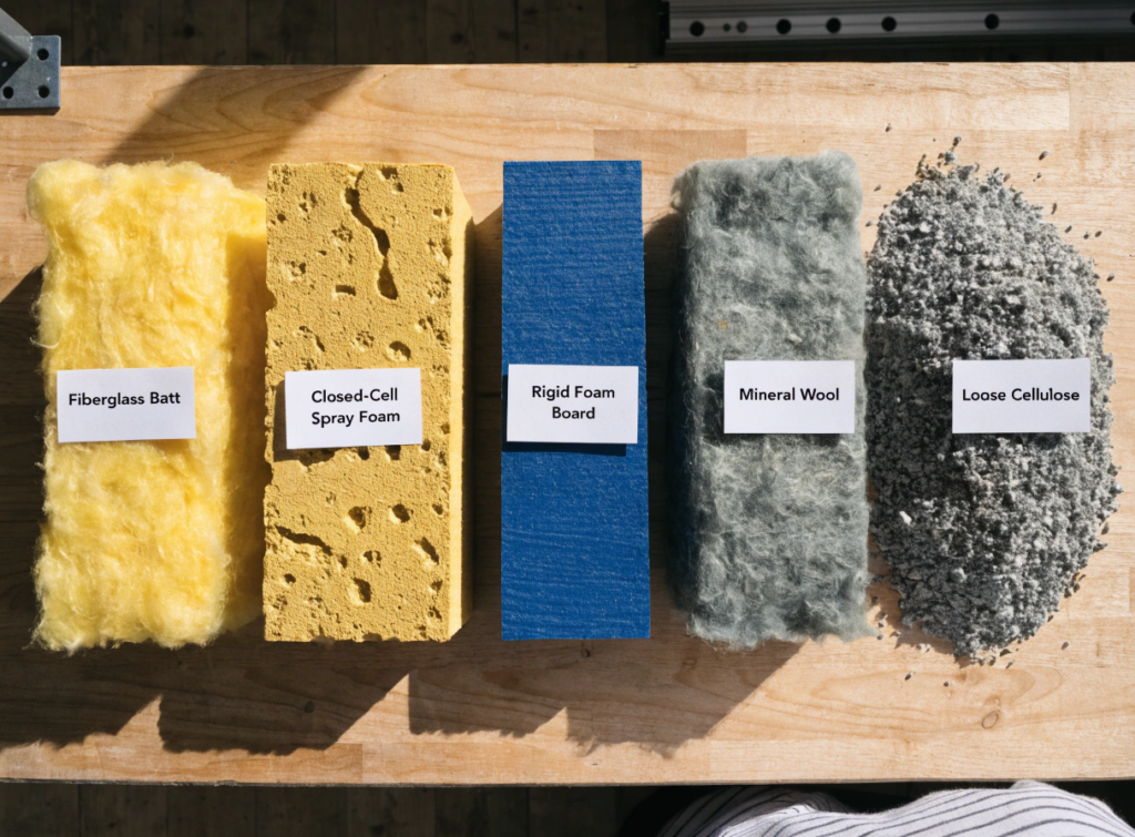 Overhead shot insulation Five insulation samples on a wooden table labeled Fiberglass Batt Closed Cell Spray Foam Rigid Foam Board Mineral Wool and Loose Cellulose informational image