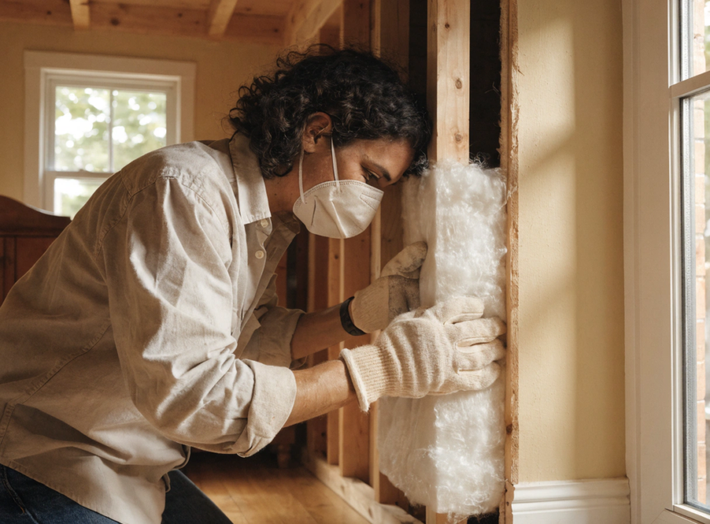 Person insulating Worker wearing a mask and gloves fits white fiberglass insulation into exposed wall studs during interior renovation