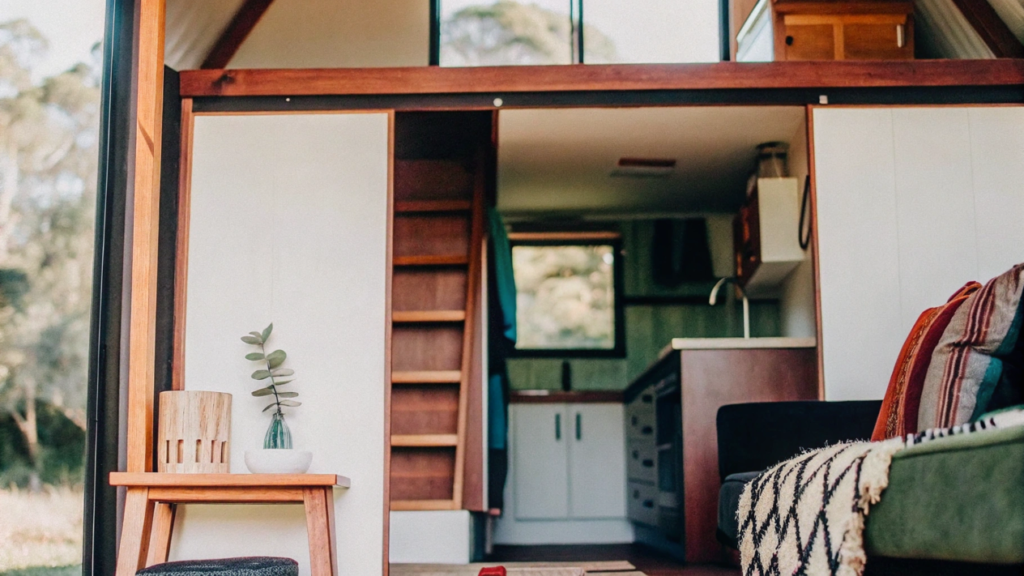 Populartinyhouselayouts1024x5761 Cozy tiny home interior with a wooden loft ladder and kitchenette visible through an open doorway