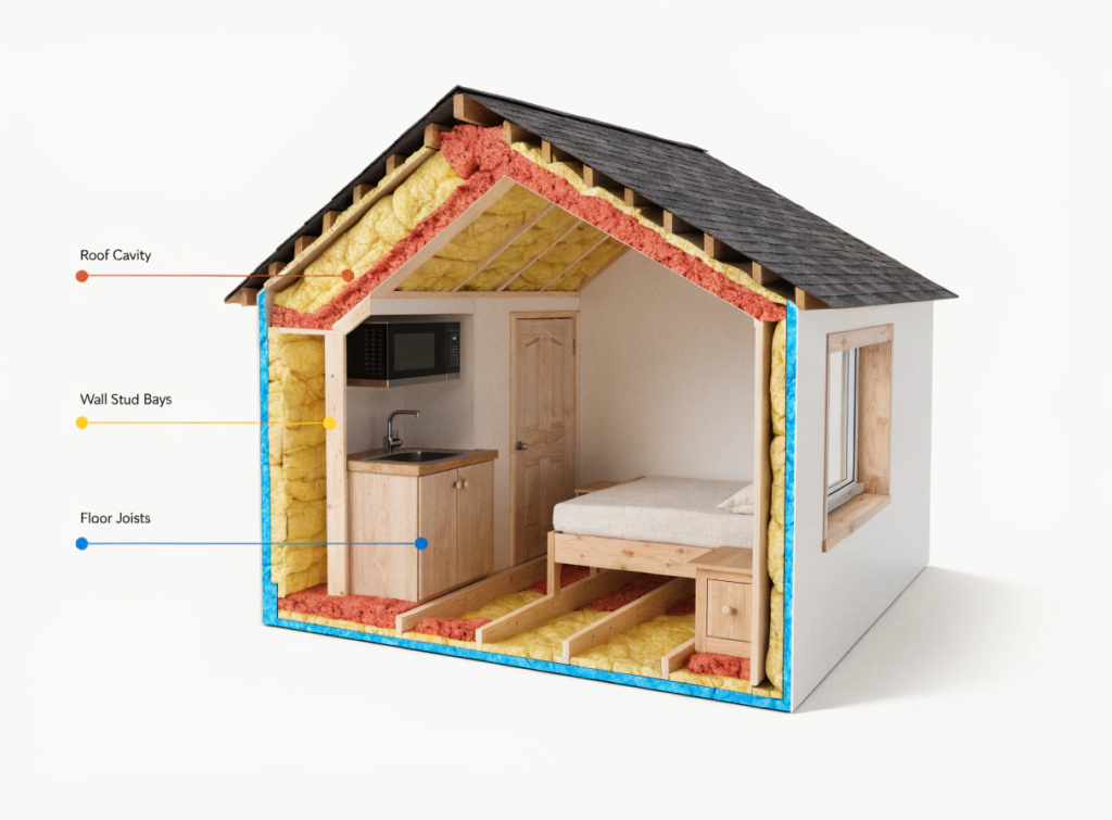 Roof Cross section model of a house showing insulation in the roof cavity wall stud bays and floor joists