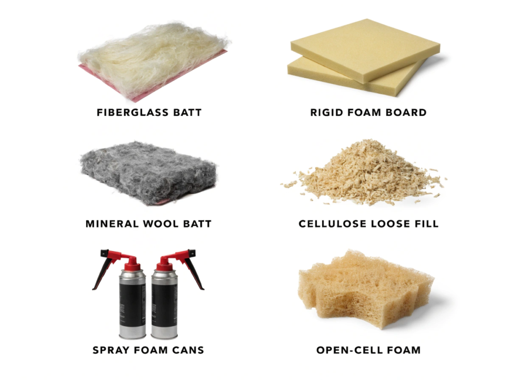 Six insulation types Fiberglass batt insulation in a pinkwhite fluffy slab with fibers visible informative or simply Fiberglass batt insulation paneles