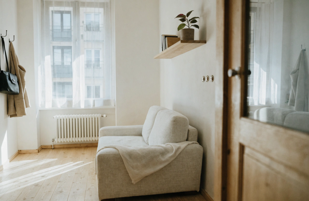 Small apartment The interior of a small older European apartment done in Scandinavian style Light painted walls pale wood floors a compact sofa with a soft throw and wall mounted hooks holding a bag and a coat A tall window with thin white curtains lets in plenty of daylight A few books and a single plant sit on a floating shelf The room should feel airy and calm despite its small size Keep the palette light and neutral with one gentle accent color