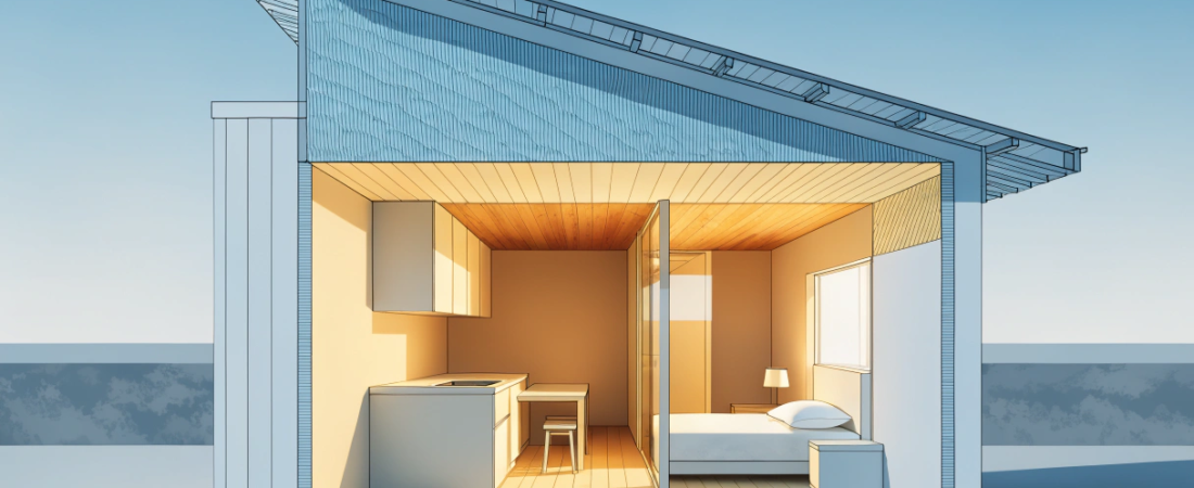 Small modern insulated home Cross sectional view of a small modern home showing a kitchen on the left and a warm lit bedroom on the right