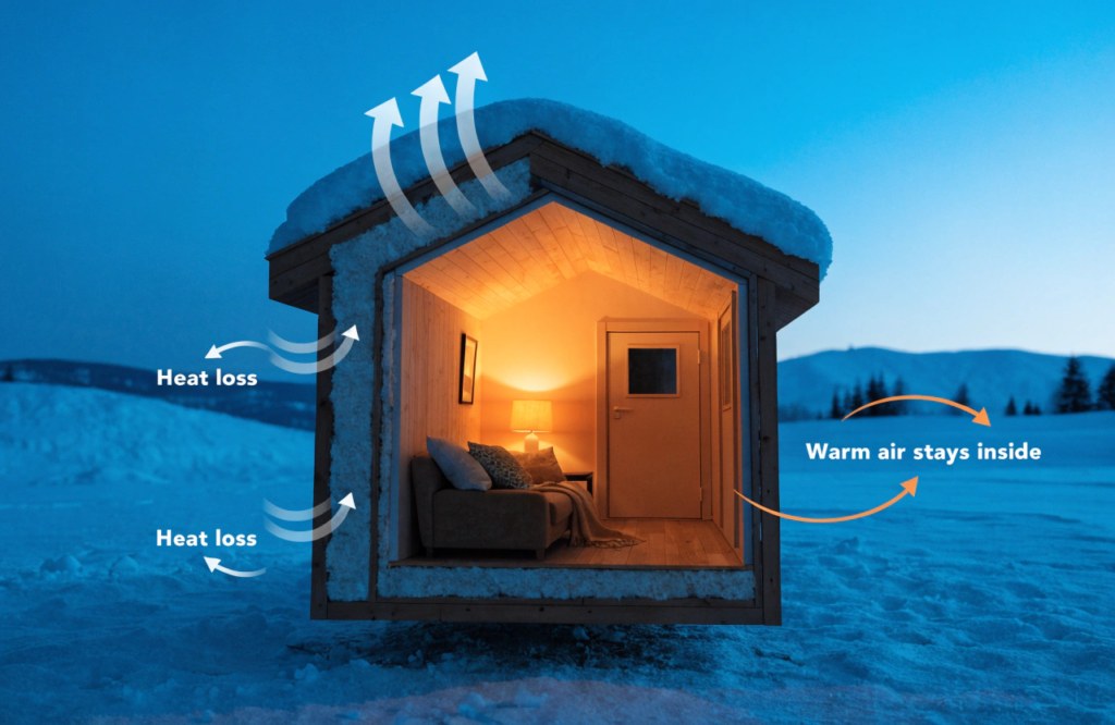 Snow tiny house Snowy landscape with a small illuminated cabin blue arrows show heat loss from the left orange arrows show warm air staying inside