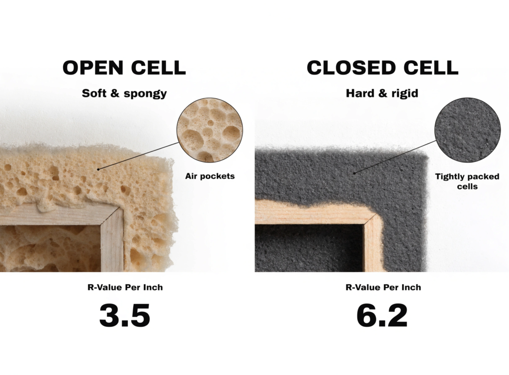 Spongy Side by side comparison of open cell soft air pocket foam and closed cell dense rigid foam insulation with R values 35 and 62
