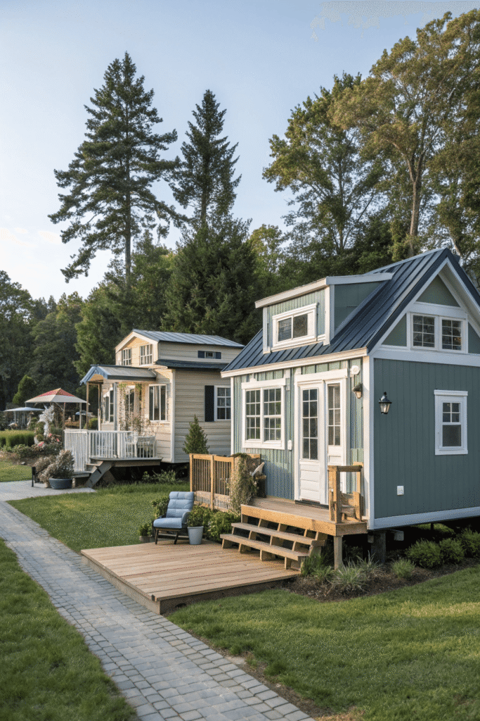 A photo of a residential area featuring multiple houses with distinct architectural styles and colors The houses are surrounded by a well maintained lawn pathways and various plants The setting is a peaceful suburban neighborhood with a clear sky and tall trees in the background The main focus is on the exteriors of the houses with a prominent green house featuring a wooden deck and a series of windows The image is a realistic photograph with natural lighting and a clear vibrant palette