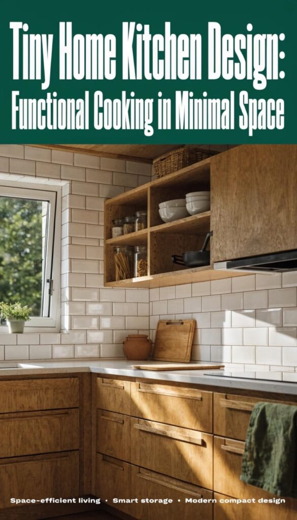 Tiny home kitchen design ebook cover Cover image for a tiny home kitchen guide a compact wooden cabinet kitchen with white subway tile and open shelves under a bold title banner