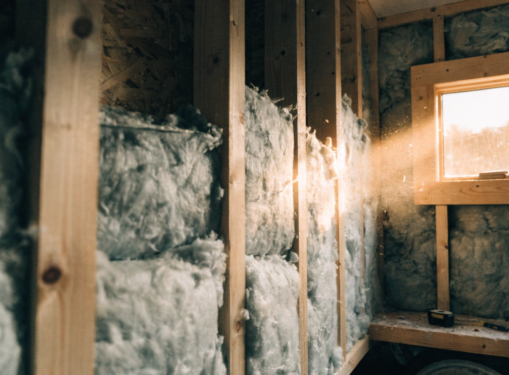 Tiny house insulation light Unfinished interior wall with blue fiberglass insulation between wooden studs sunlit window on the right