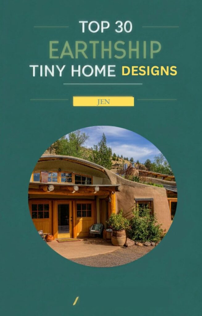 Top 30 earthship ebook cover Cover image Top 30 Earthship Tiny Home Designs with a round photo of an earthship style house on a green background