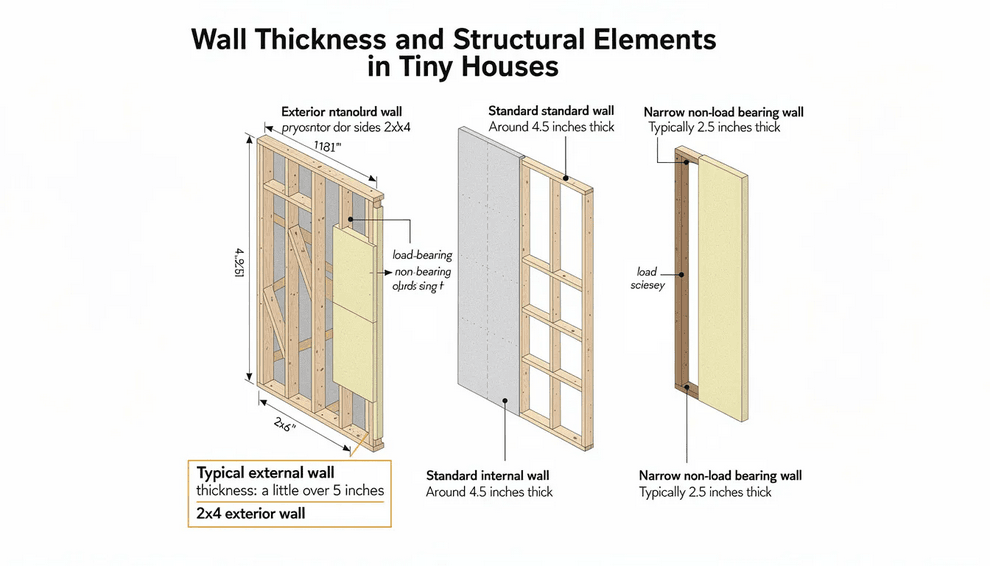Typicalwall Infographic showing wall thickness options for tiny houses exterior 2x4 wall standard 45 inch wall and narrow non load bearing wall with labeled components
